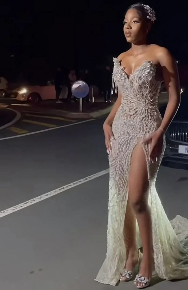 

Luxury Prom Dresses Crystal Sheer Neck Sequin Mermaid Split Party Dress Evening Gowns Customized