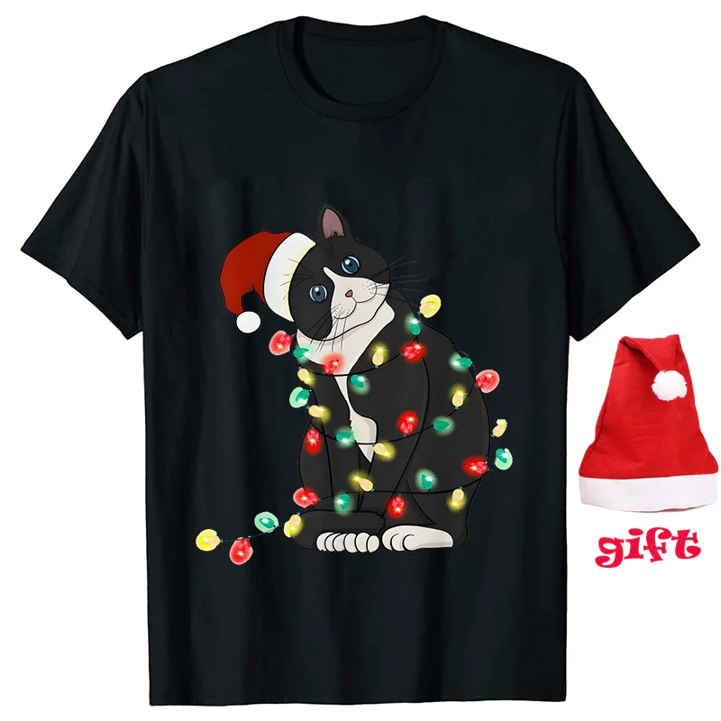 Camiseta divertida con estampado de gato negro, camisetas I Do What para mujer, camisetas de manga corta para fiesta de árbol de Navidad, camisetas femeninas con sombreros de Navidad