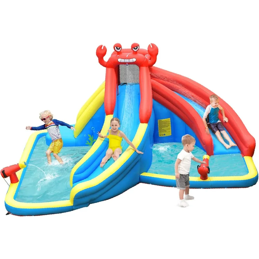 

Inflatable Water Slide, Crab Theme Blow Up Water Park Bounce House for Backyard, Climbing Wall & 2 Slides, Indoor Outdoor Waters