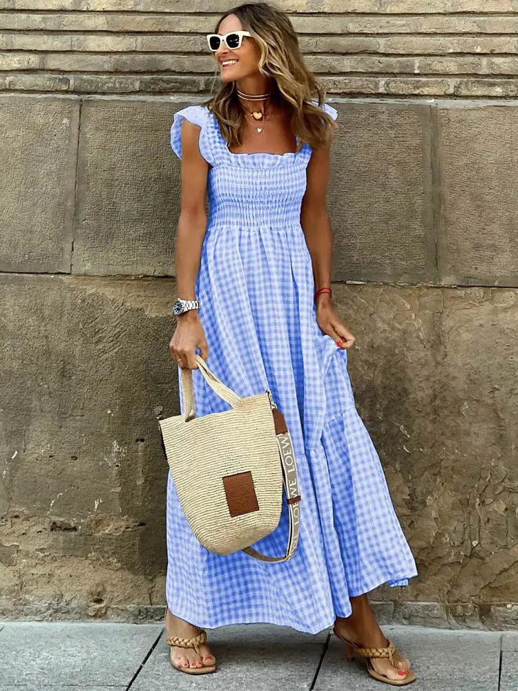 WildPinky Elegant Square Collar Plaid Summer Dress Women A-line Elastic Khaki Ruffled Dresses Beach Party Sleeveless Maxi Dress