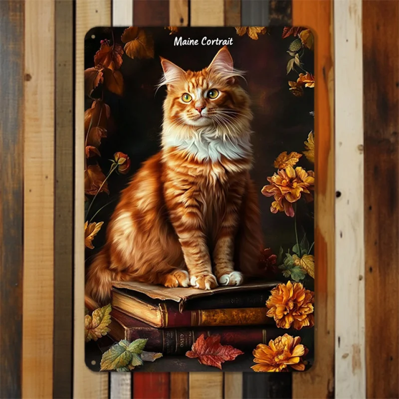 Pintura en Lata de Gato Maine Coon con el Calor del Otoño - Arte de Pared Impreso en Hierro con Gato Vibrante en Naranja y Blanco, Flores de Otoño y Libros, Perfecto