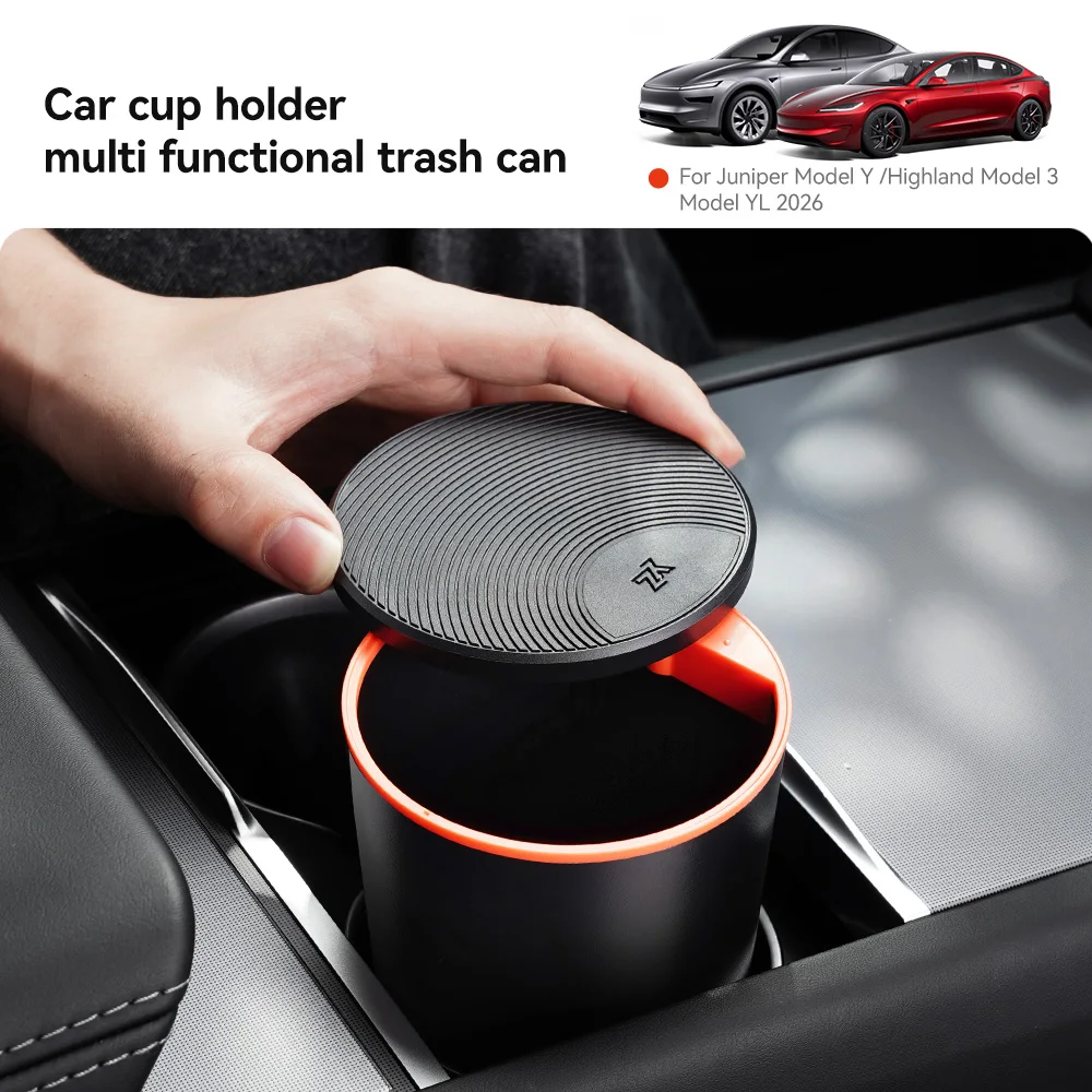 YZ For Tesla Model Y YL 3 Multifunction Central Cup Holder Trash Can Easy-Press ABS Garbage Storage Bucket Bin Car Accessories