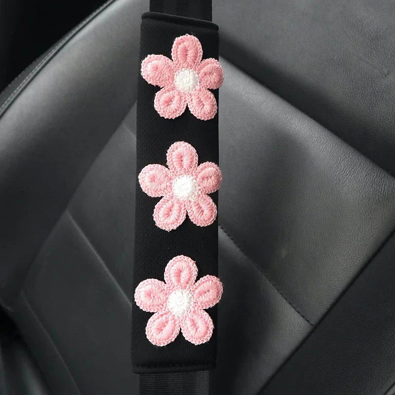 2pcs Ice Silk Pink Flower Shoulder Protection Cartoon Creative Car Seat Belt Shoulder Protection Small Flower Car Interior