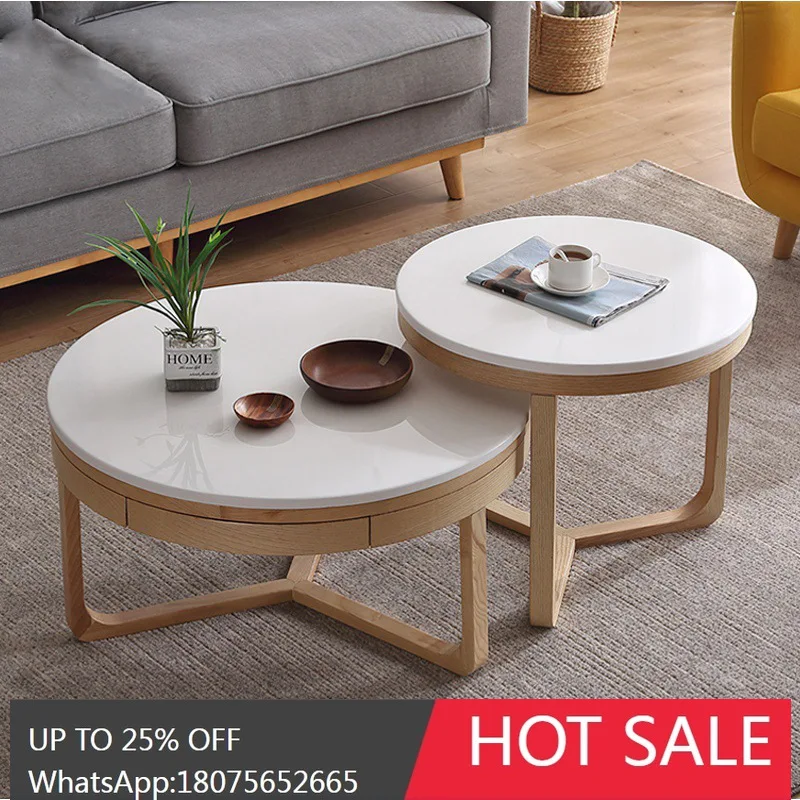

MJY Nordic Marble Round Coffee Table Living Room Large and Small Round Solid Wood Coffee Table Side Table