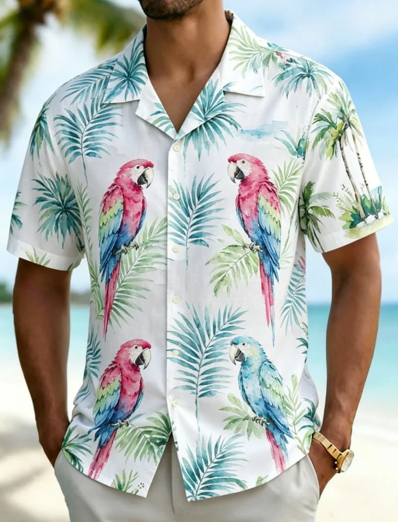 Men's tropical vacation style printed Hawaiian shirt, for summer retreats, date nights, daily outfits, and festive events