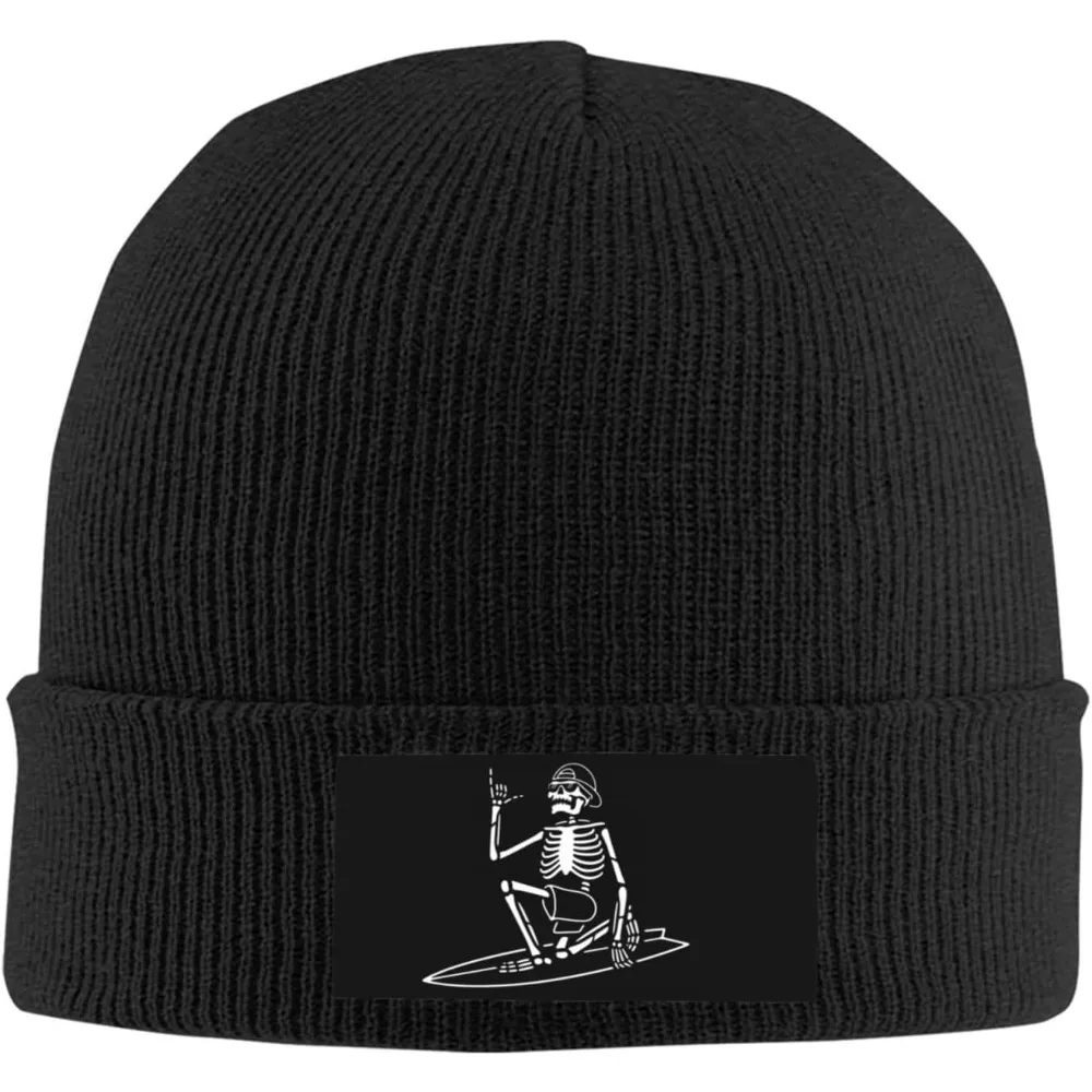 Gorro de malha preto com remendo de esqueleto de surf chapéu quente de inverno para homens mulheres engraçado estilo de surf gótico boné de caveira
