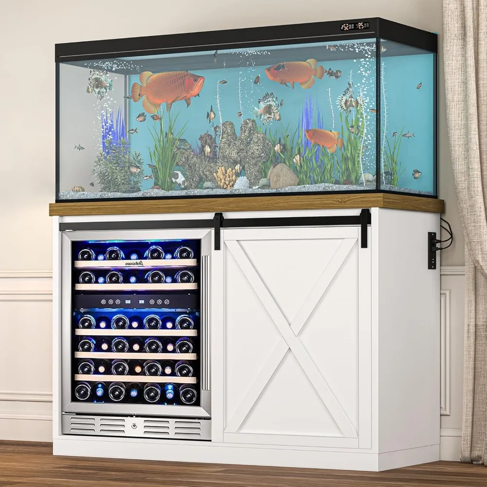 

49’’ Coffee Bar Cabinet with Fridge Space, Farmhouse Large Wine Liquor Cabinet with Rack, Power Outlet, Wood Metal, Sliding Barn