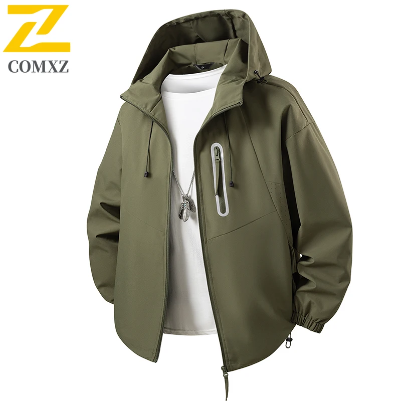 

COMXZ Men Hooded Jacket 2025 Waterproof Outdoor Coat for Hiking Camping Windproof Breathable Autumn Adventure Coat with Pockets
