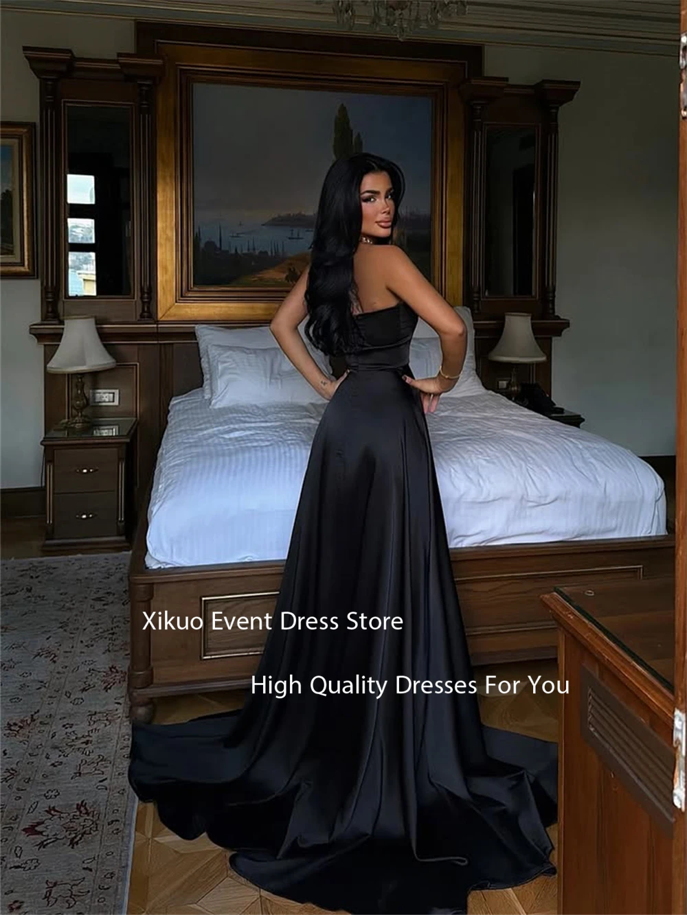 فساتين سهرة Xikuo براقة على شكل حرف A بطول الأرض فساتين حفلات كوكتيل من الساتان بفتحة عالية رداء De Soirée مخصص #2