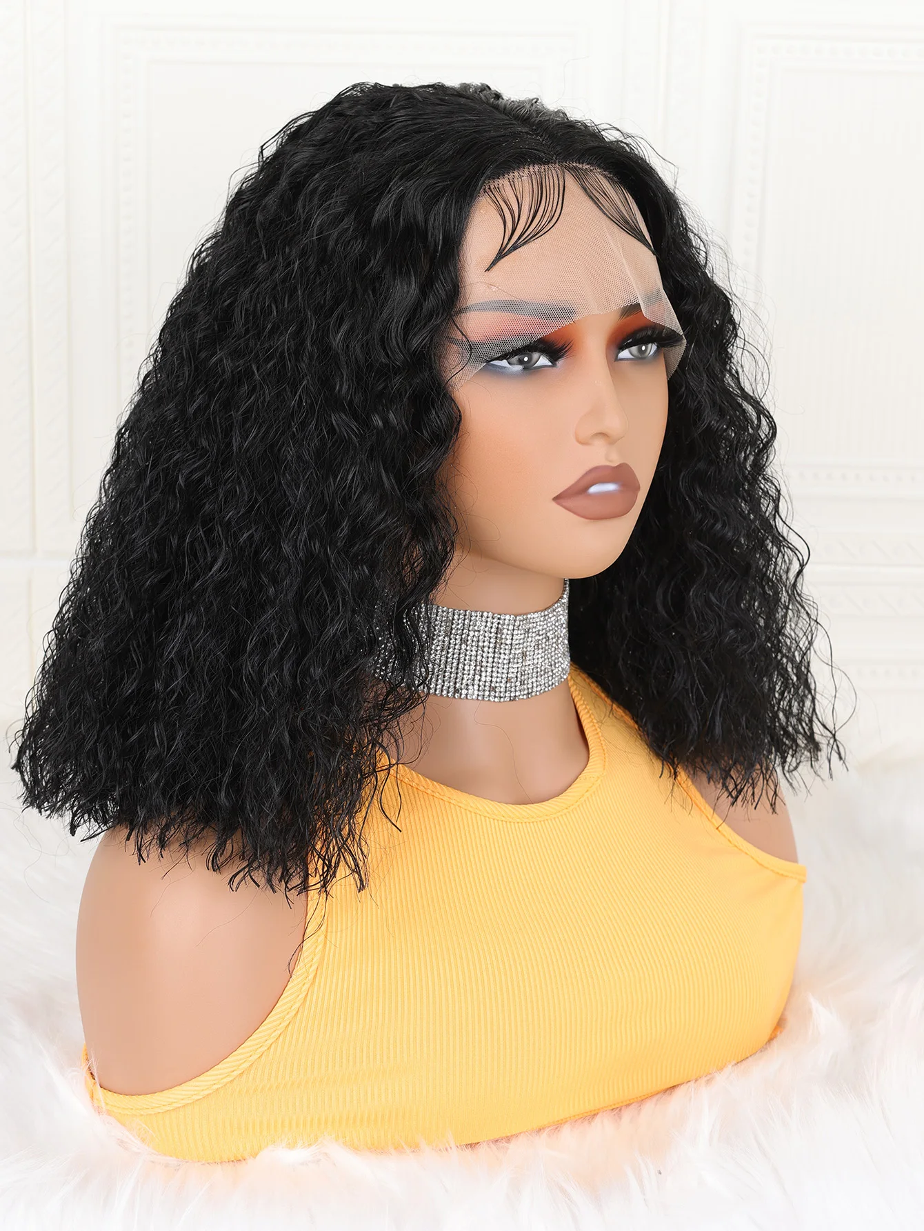 Perruque Lace Front Wig synthétique bouclée et crépue sans colle, douce, 16 pouces, densité 180, longue, noire, 13x4x1, Babyhair, pre-plucked, quotidien, pour femmes