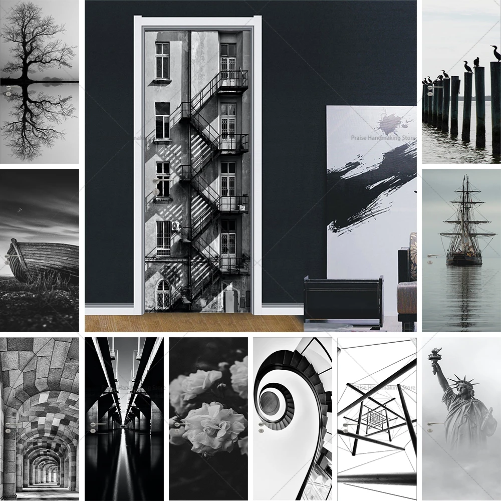 PVC Black and White Style Symmetrical Design Door Sticker Art Self-adhesive Waterproof Wallpaper Bedroom Wardrobe Decoration