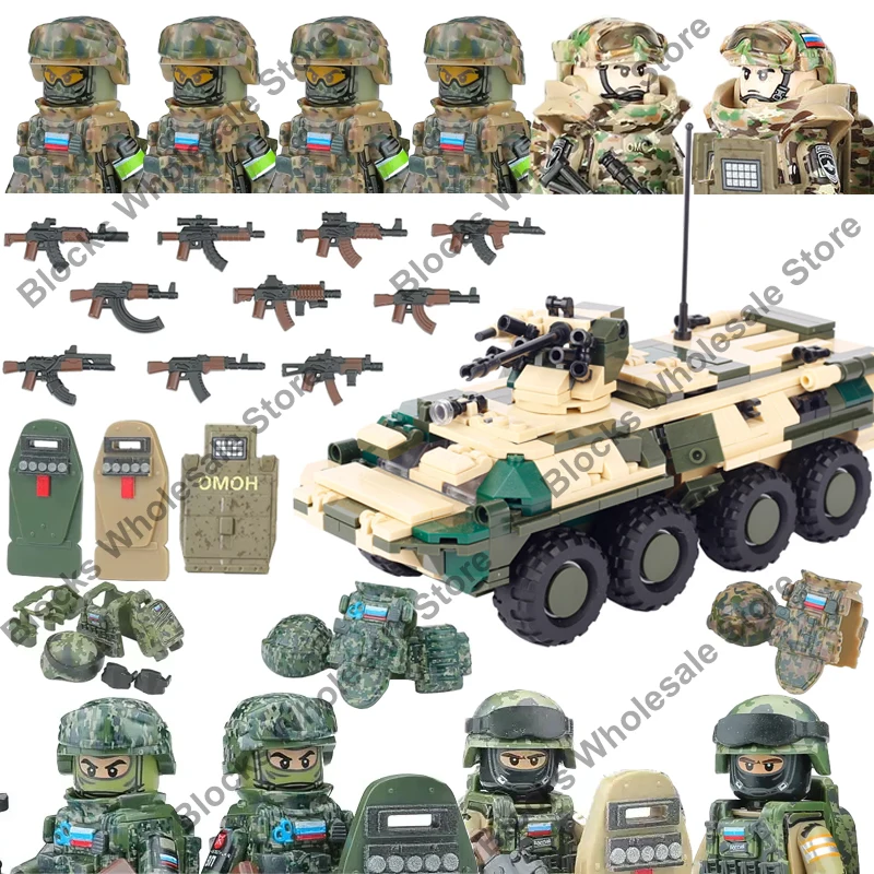 Military Soldier Russia Green Special Forces Building Blocks City Police Army Figures SWAT Commando Shield Weapons Bricks Toys