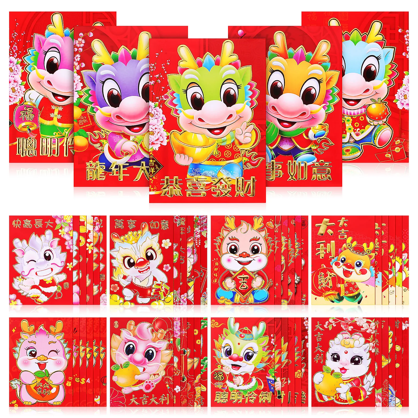 60Pcs Cartoon Dragon Red Envelopes Chinese Red Pocket Traditional Spring Festival Lucky Envelope Chinese New Year Envelopes