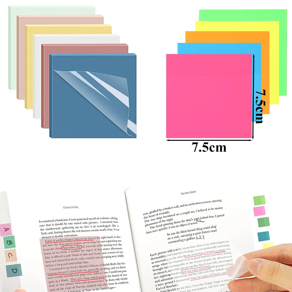 Transparent Sticky Notes 300 Sheets PET Waterproof Memo Pad Colourful Clear Note Paper Pads School Stationery Office Supplies