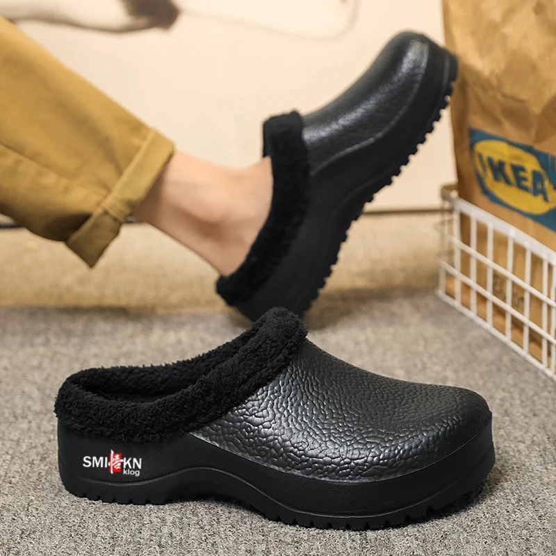 Winter Fur Lined Clogs Men Fuzzy Slippers Warm House Slippers Adult Outdoor Waterproof Comfort Garden Clogs Shoes