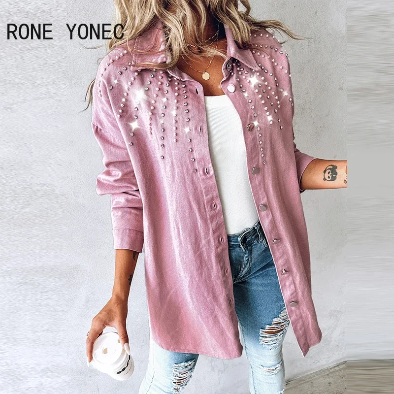 Women Chic Rhinestone Decoration Solid Long Sleeves Straight Loose Fit Shirt Jacket Tops