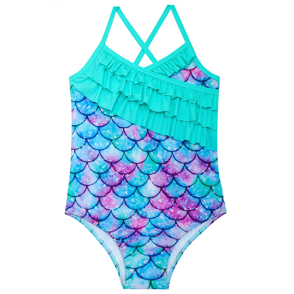 

2024 Summer European And American Style Baby Girls Frillery Suspenders One-piece Bathing Suit 4-12Years Kids Mermaid Swimsuits