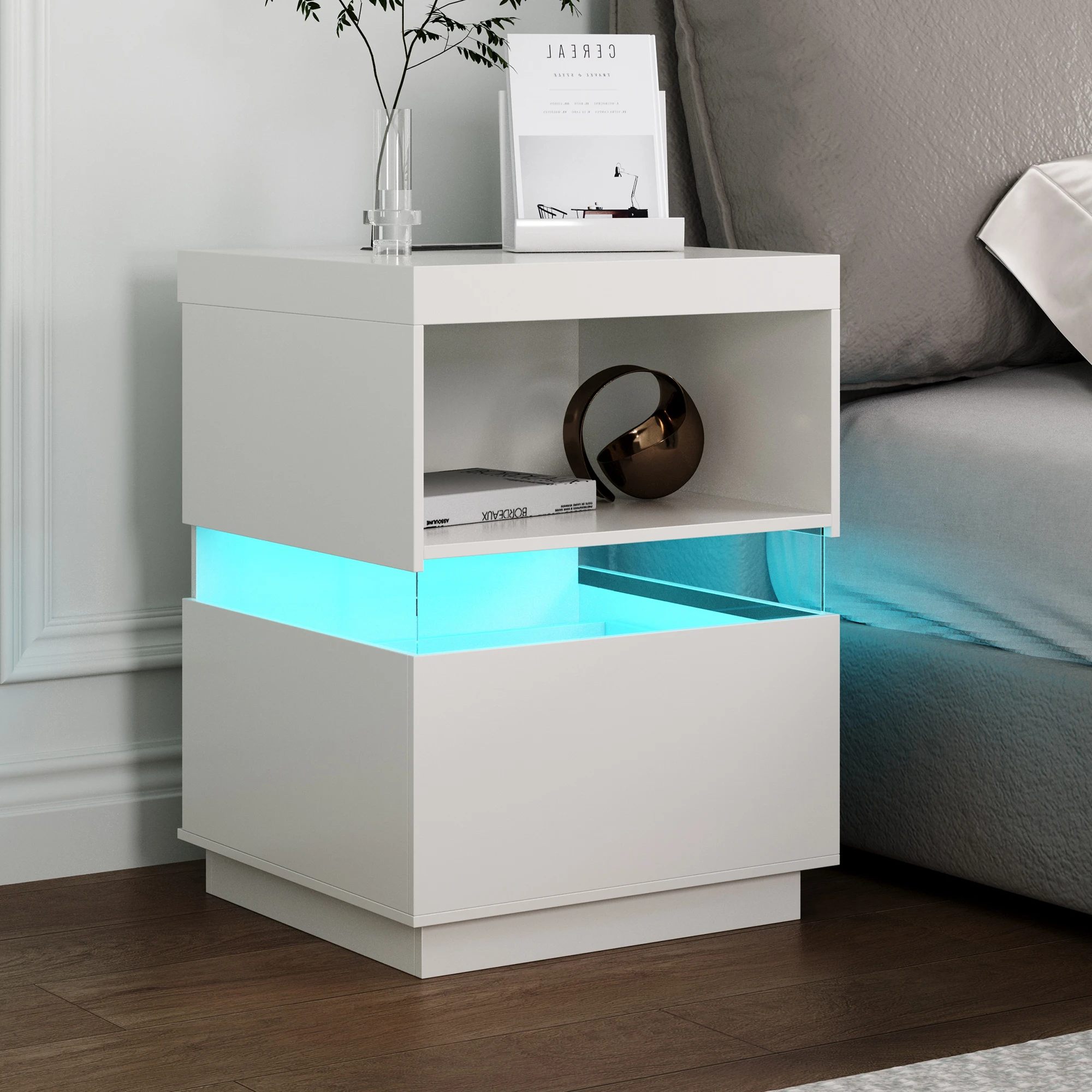 High gloss LED bedside table, sofa table with drawers, side table for bedroom, nightstand with LED lights, bedroom cabinet