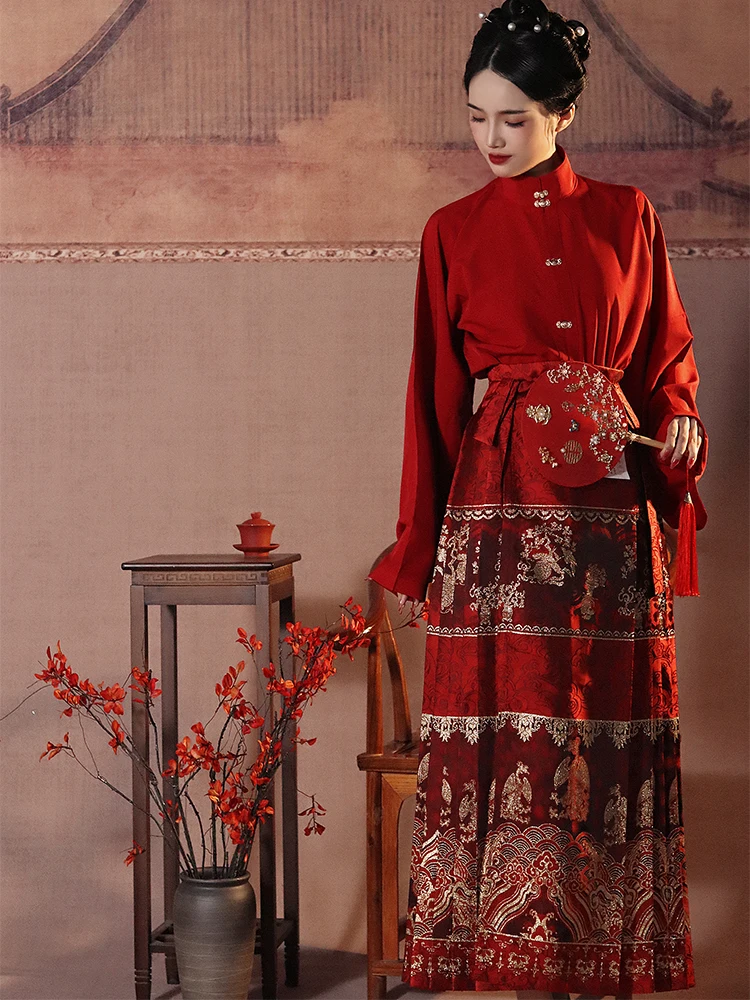 New Chinese style red horse face skirt for women in summer,Chinese style woven gold skirt, large and versatile engagement dress