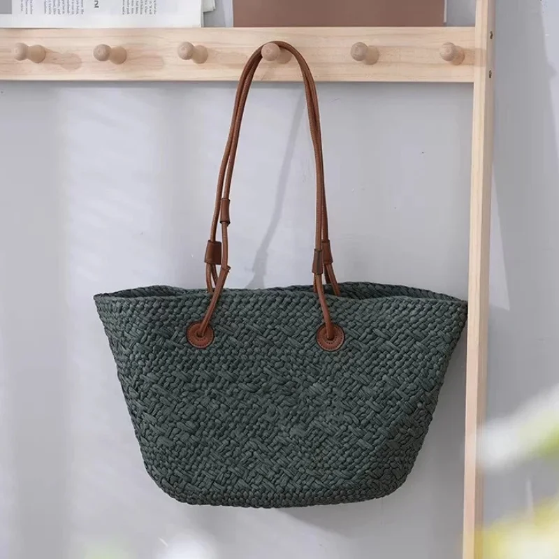 

Elegant Straw Tote Bag Women Large Capacity Summer Beach Vacation Shoulder Bag Leather Handle Woven Shopper Bag Commute Handbag