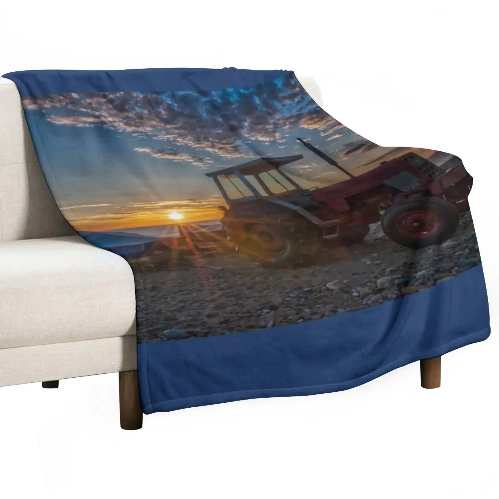 

Tractor on the Beach at Sunrise Throw Blanket Furry Soft Plush Plaid Shaggy Blankets