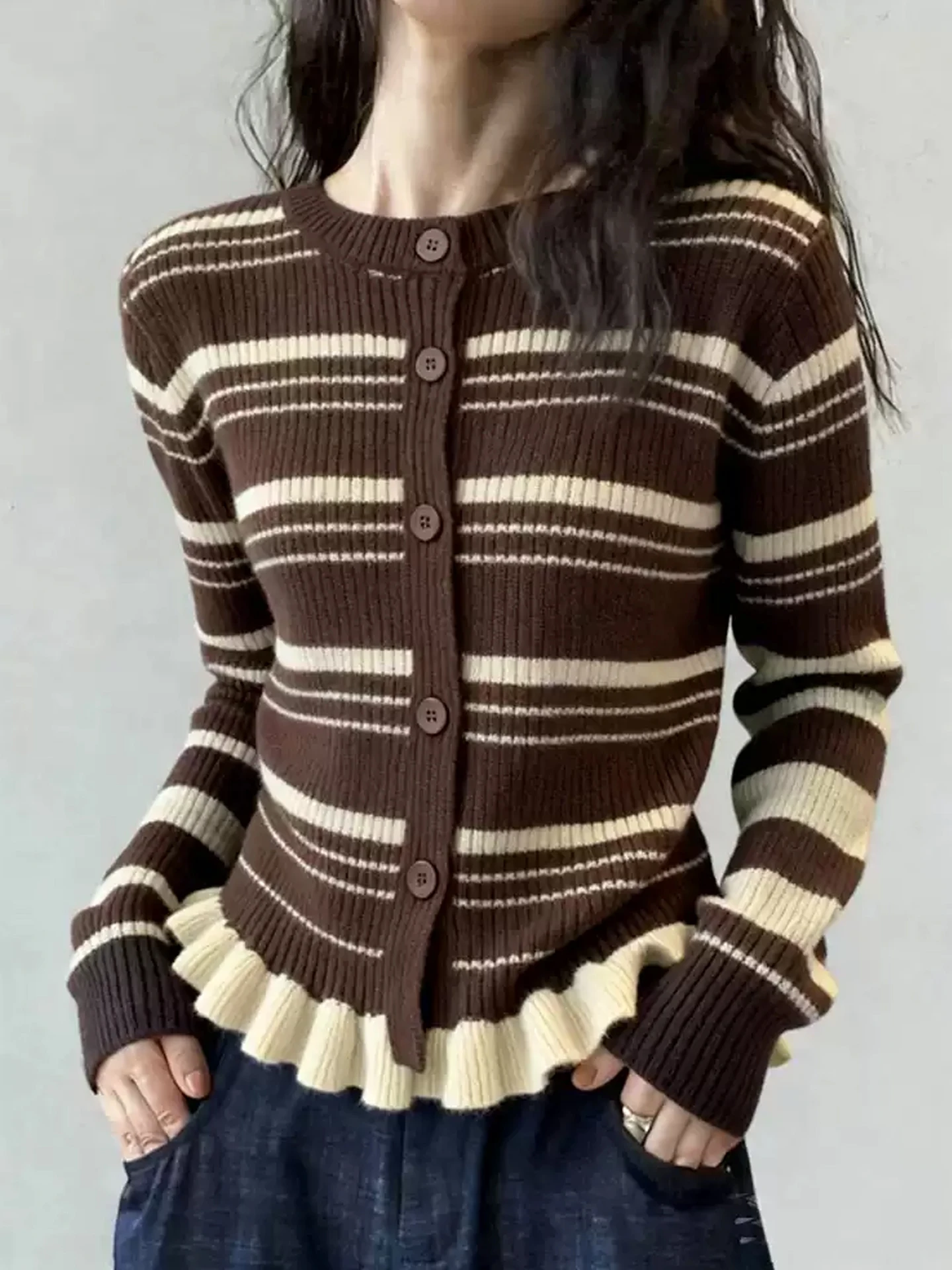 

Облегающий полосатый цветной трикотаж Blo Camere Long Sve, женский топ, зимний дизайн, корейский Sle на одной пуговице, для поездок на работу, Faion