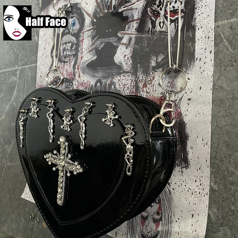 Y2K Spicy Girl Harajuku Women Gothic Punk One Shoulder Lolita Heart Shaped Patent Leather Pointed Skull Cross Underarm Bags Tote