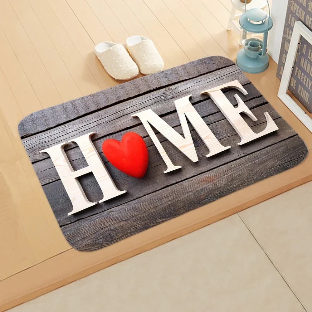 1Pc Wood Grain HOME Heart Shape Print Door Mat Washable Home Decor Carpet Living Room Bedroom Kitchen Rug Garden, Patio, Balcony
