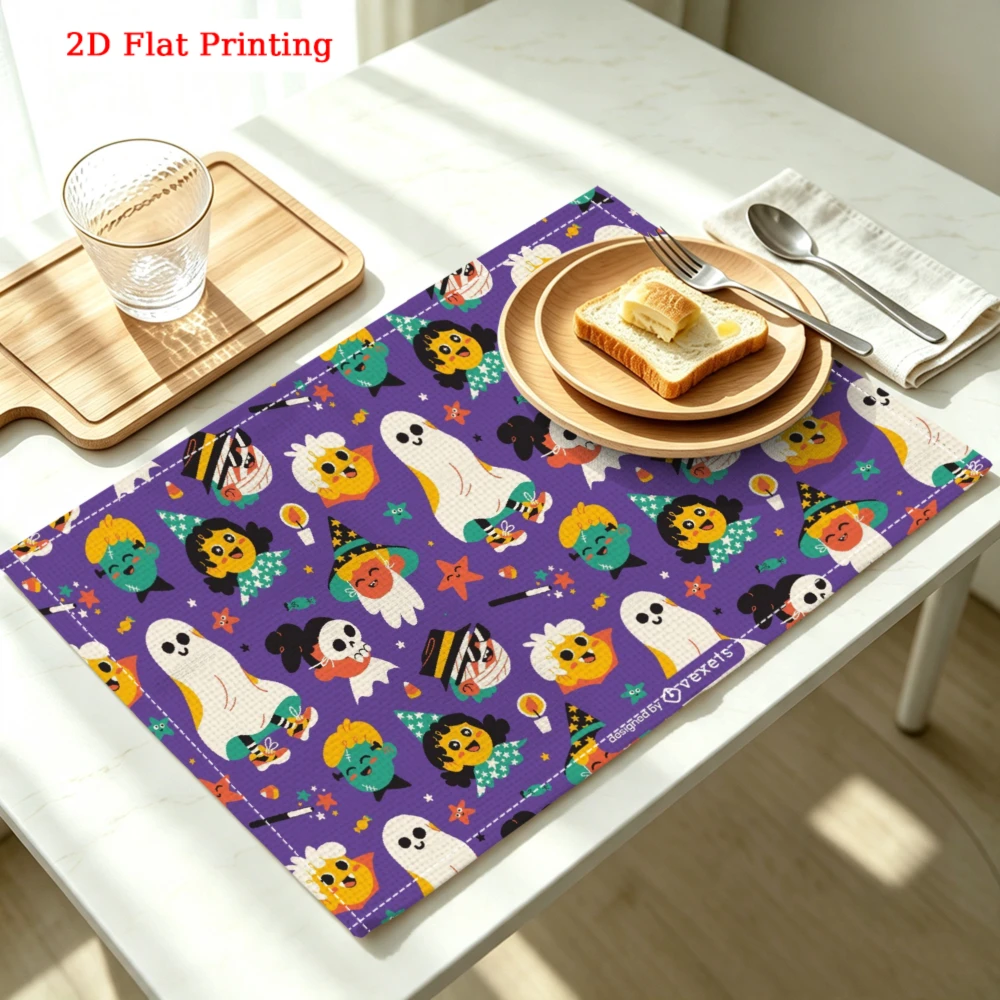 1pc Cartoon Halloween Placemat Purple Ghost Witch Pumpkin Print Table Mat Kitchen Dining Decor Party Use 30x40cm