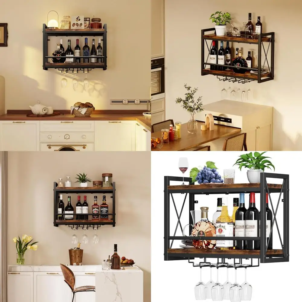 

Настенная винная полка из металла и дерева в деревенском стиле для кухни и столовой, вмещает бутылки и стаканы.
