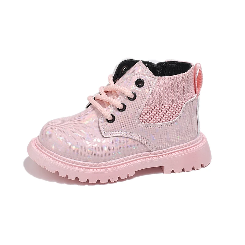 Autumn New Children Single Leather Boots Baby Side Zipper Short Boots Boys Girls Knitting Design Autumn Boots