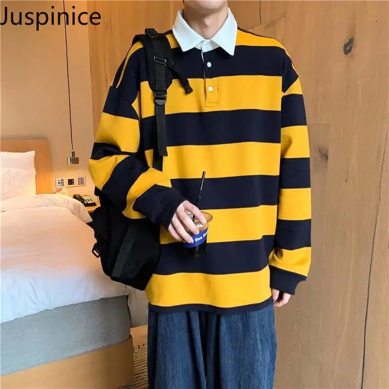 Spring Autumn Lapel Long Sleeve Striped POLO Shirts Fashion Men's Loose Casual High Street Personalized Shirt Male Clothes