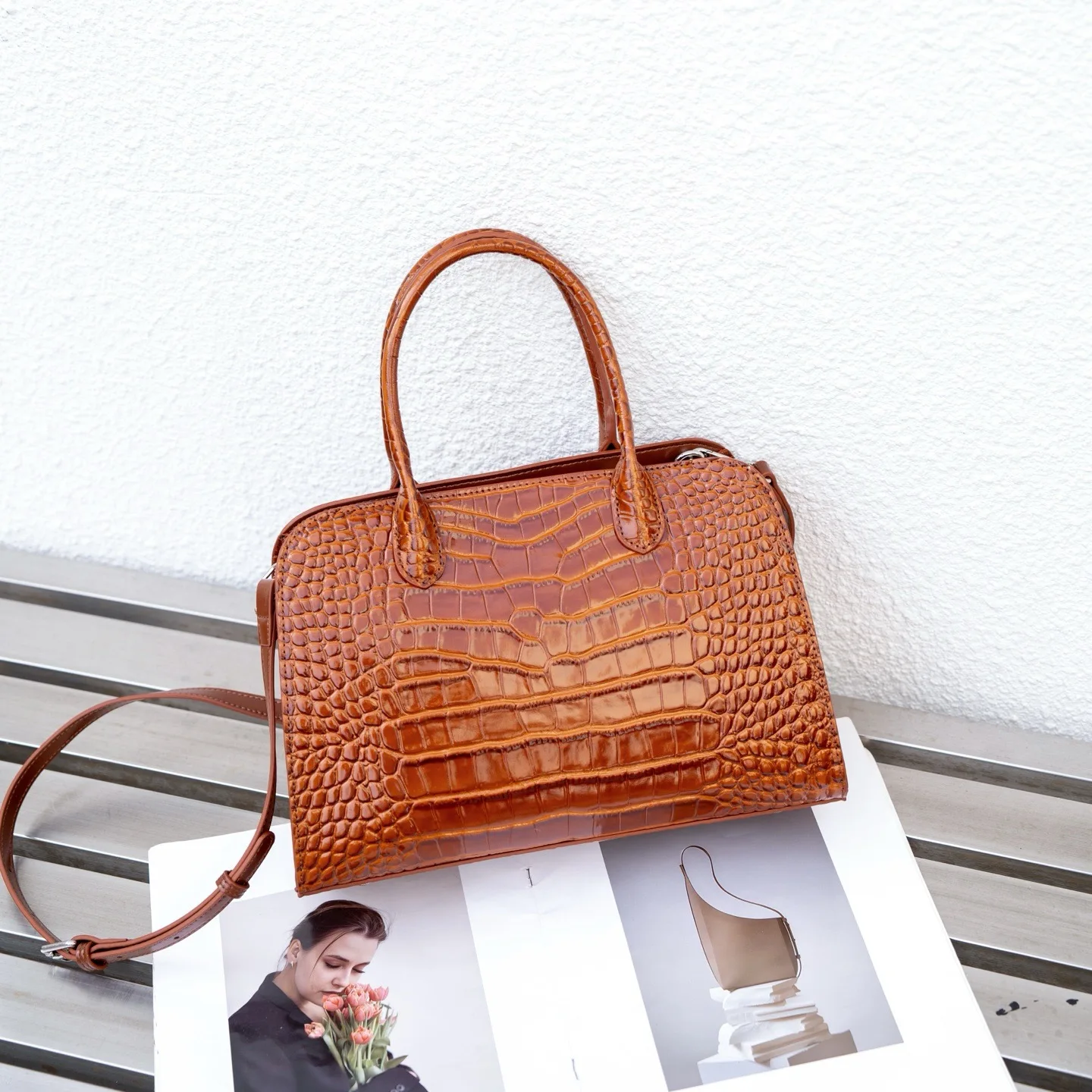 Aidrani Ladies Genuine Cowhide Tote Bag, Glossy Croc Pattern, Dual Top Handles, Removable Strap, Elegant Women Handbag for Work