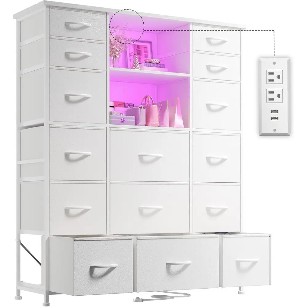 White 51'' High Bedroom Dresser with 15 Drawers, Charging Station, LED Lights, and Hutch