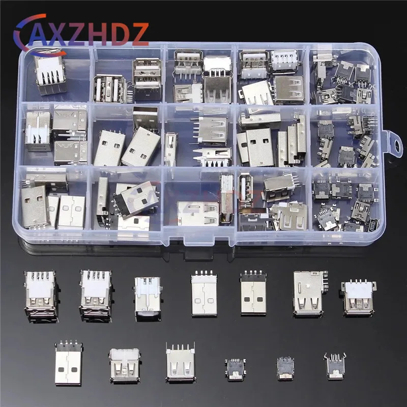 82Pcs 14Styles USB Male Female Mini SMD Vertical Socket Connector for DIY Jack Connector Port Charging Data Plug Assortment Kit