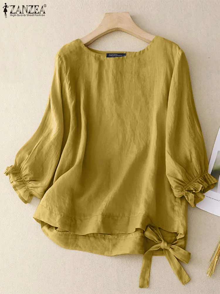 ZANZEA Women Summer O Neck 3/4 Sleeve Ruffles Tops Tunic Casual Loose Holiday Blusas Female Work Shirt Vintage Cotton Blouse