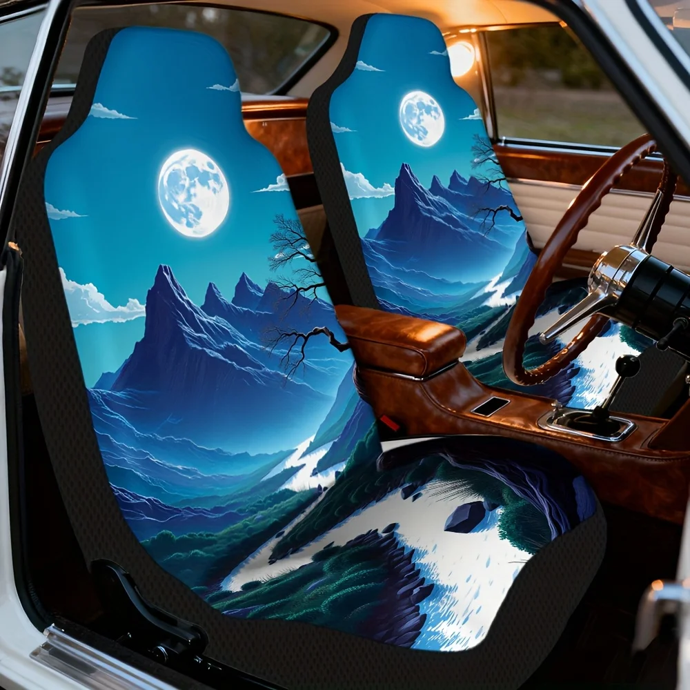 2pcs, Stylish Car Seat Covers Mountain Moonlit Stream Style, Durable And Washable, Perfect Fit For Single Front Seats, Great For