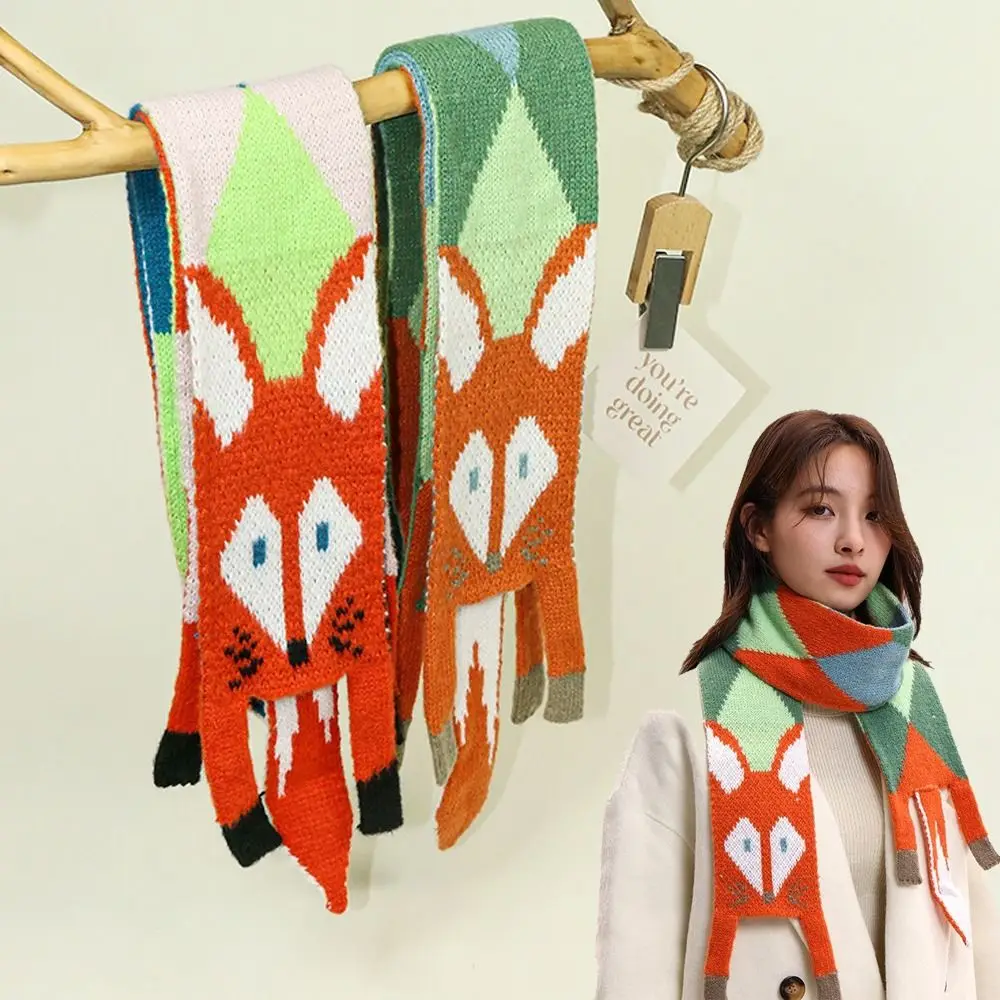 Cute Japanese Style Knitted Scarf Imitation Cashmere Animal Cartoon Fox Scarf Autumn Winter Trendy Warm Shawl Wrap