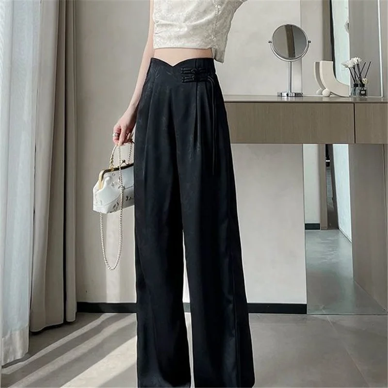 2025 printemps été nouveau Style chinois grande taille pantalons à jambes larges femmes nouveau lâche Chinoiserie taille haute jambe droite pantalon femme