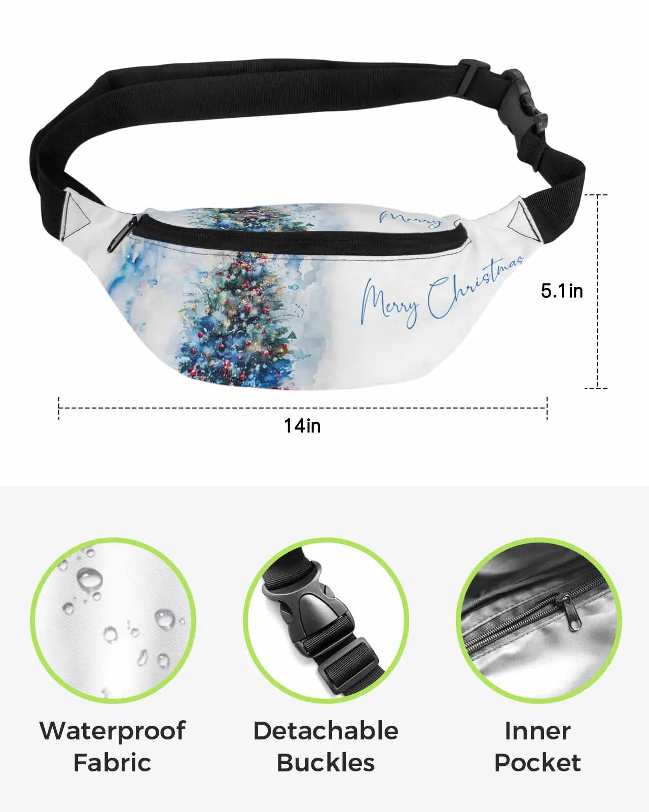 Christmas Watercolor Christmas Tree Gift  Men Women Waist Bag Fanny Pack Phone Belt Bag Wallet Pouch Waterproof Banana Hip Bags