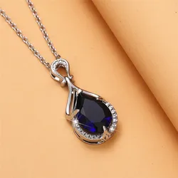 Huitan Blue Water Drop Cubic Zirconia Pendant Necklace Anniversary Party Elegant Lady's Neck Accessories Women Trendy Jewelry