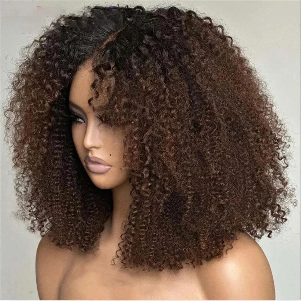 Soft 180Density Ombre Brown Kinky Curly Short Bob Deep Lace Front Wig For Black Women With Baby Hair Preplucked Natural Hairline