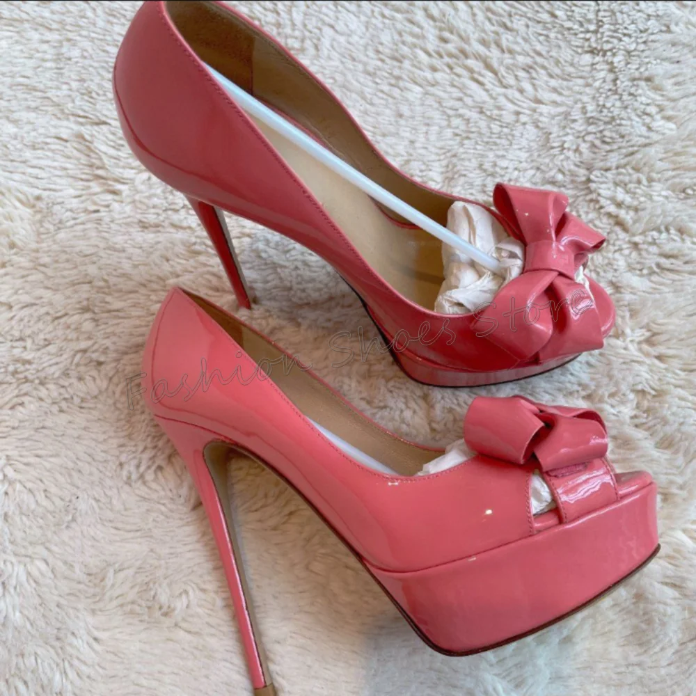 

Pink Bow knot Decor Platform Pumps Patent leather Women Shoes Stilettos High Heels Party Banquet Dating 2025 Zapatos Para Mujere