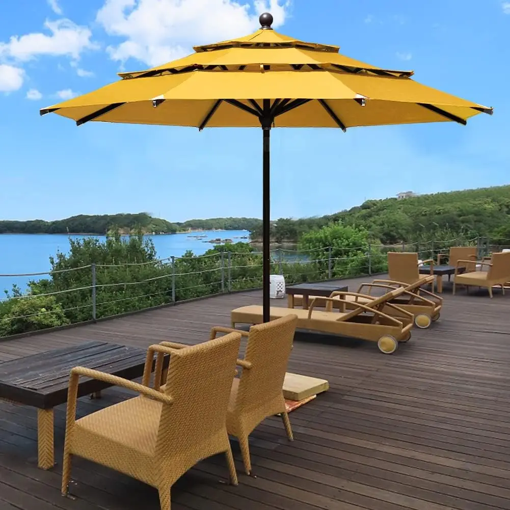 USA 10-Year-Non-Fading 11Ft 3 Tiers Market Umbrella Patio Outdoor Cylinder Auto Push-up Table Umbrella with Ventilation