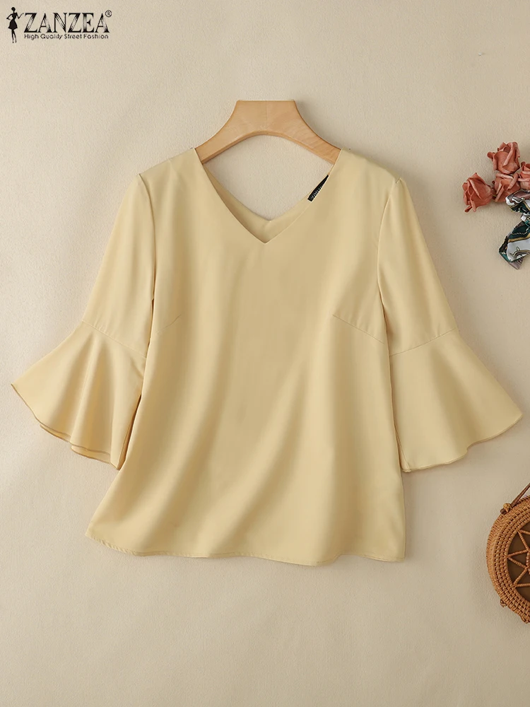 

ZANZEA Summer Elegant V Neck 3/4 Ruffle Sleeve Blouse Office Shirt Women Stylish Solid Work OL Tops Tunic Casual Holiday Blusas