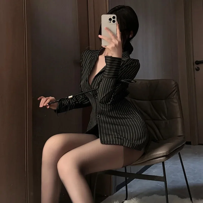 25COSOffice Lady Cosplay Open Bra Role Play Lingerie Costumes Sexy Striped Shirt Office Lady Roleplay Uniform Shirt OL Secretary