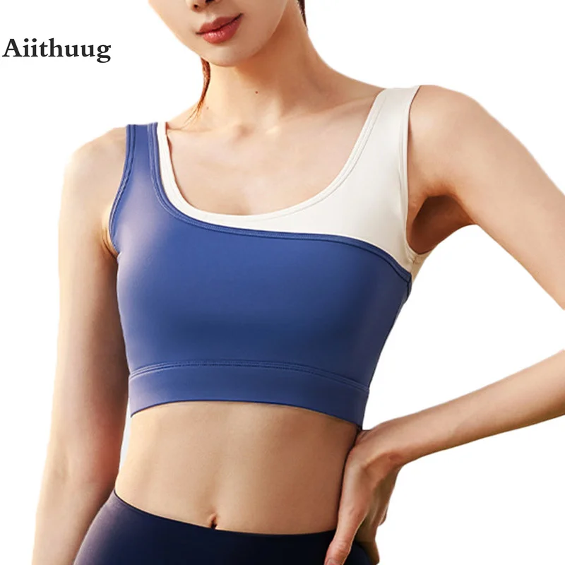 

Aiithuug Fake Two-pcs Yoga Bra Splicing Joint Color Gym Bras Workout Crops Fitness Vest Tennis Golf Bra Running Jogging Tops