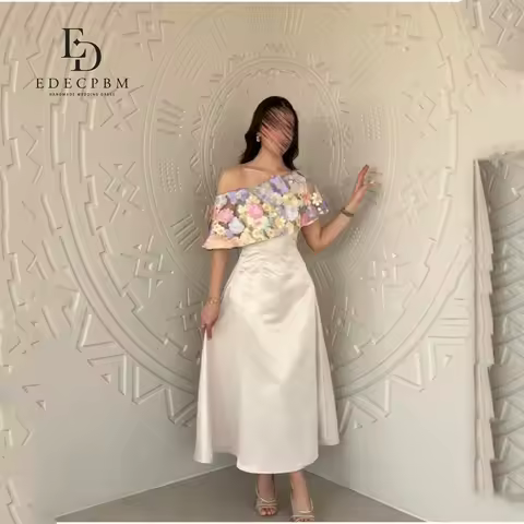 EDECPBM Party Dresses for Special Occasions Customized Satin 3D Flowers Wedding Party Dress Off-shoulder Women's Evening Dress