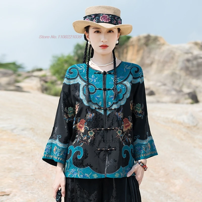 

2025 chinese vintage coat improved hanfu tops national flower embroidery satin jacquard o-neck jacket ethnic folk loose coat