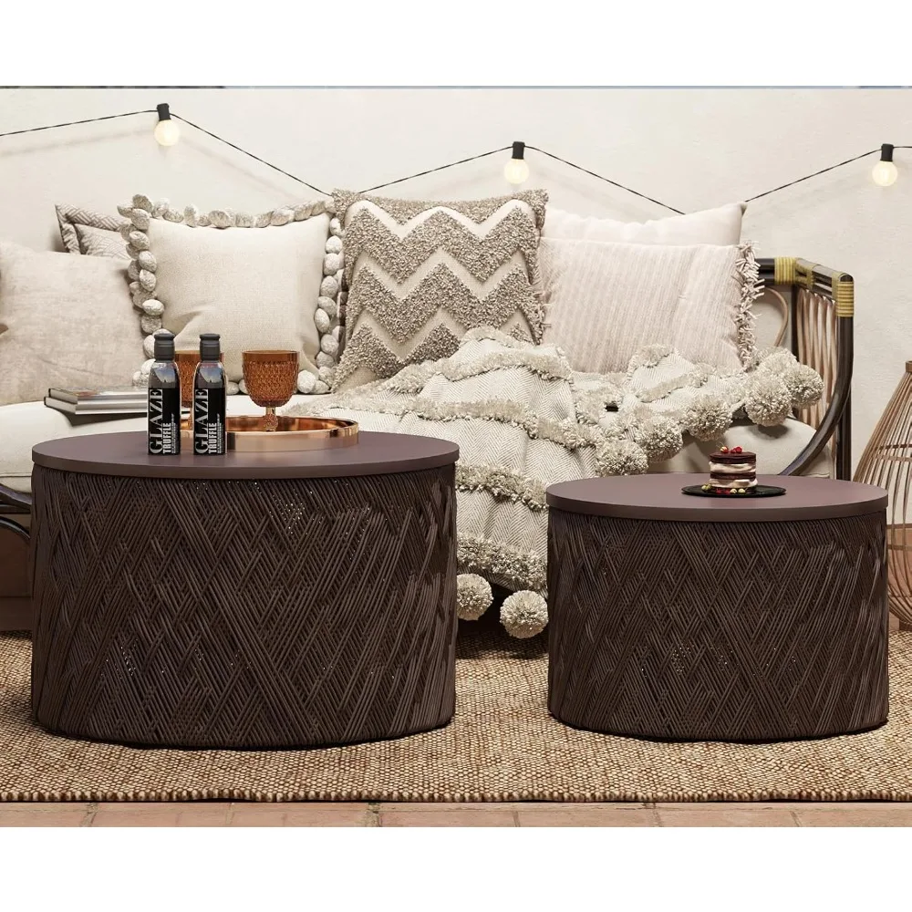 Nesting Coffee Table Set of 2 Woven Round Coffee Table with Storage Solid Wood Side Table for Small Spaces